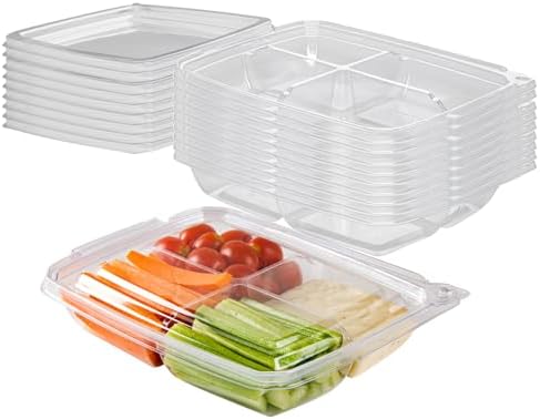 Tamper Tek 13 Ounce Rectangle Take Out Containers, 100 Durable Carryout Containers - Tamper-Evident, Freezable, Clear Plastic To-Go Containers, 4 Compartments, With Hinged Lids - Restaurantware by Restaurantware