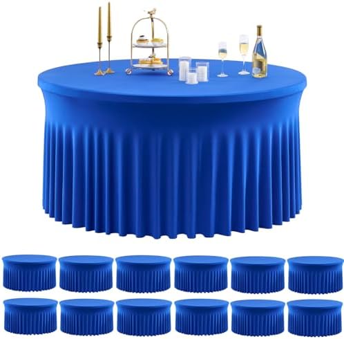 Outpain Royal Blue Spandex Round Tablecloths for 72 inch Tables, Stretchy 132inch Fitted 6FT Round Table Cloths with Skirt for Wedding Party Dining Banquet by Outpain
