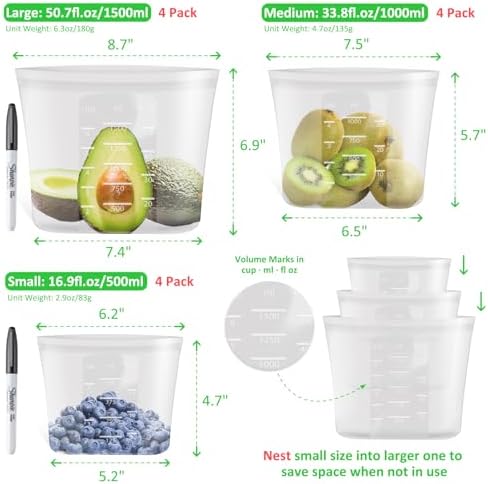 100% Platinum Silicone Reusable Storage Bags, 12 Pack, Premium Silicone Food Storage Bag Stand-Up Wide-Mouth Zip-Lock, Microwave Dishwasher Safe, 4 M + 4 S + 4 XS, Crystal-Clear - Image 3