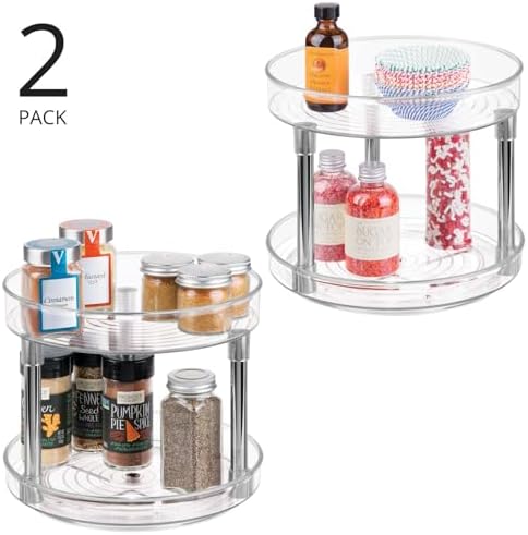 mDesign 2-Tier Lazy Susan Turntable for Kitchen Cabinets, Shelf, Table, Countertop, 9" Multi Level Rotating Organizer Carousel, Storage Turntable Organizer, Ligne Collection, 2 Pack, Clear/Chrome - Image 2