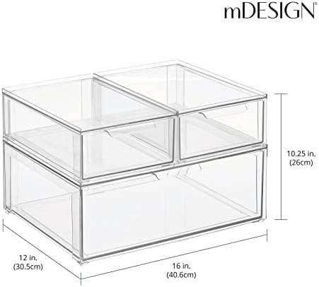 mDesign Plastic Stackable Bathroom Storage Organizer Bin Containers with Front Pull Drawer for Bathroom Countertop, Vanity, Closet Shelves - Holder for Accessories, Lumiere Collection, Set of 3, Clear - Image 2