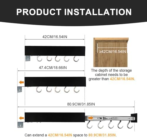 Pull Out Pot Racks, Pot and Pan Organizer with Hooks, Kitchen Pots and Pans Rack Pot Hanging Holder Under Cabinet, Aluminum Alloy Sliding Under Storage (Gray, 5 Hooks) - Image 5