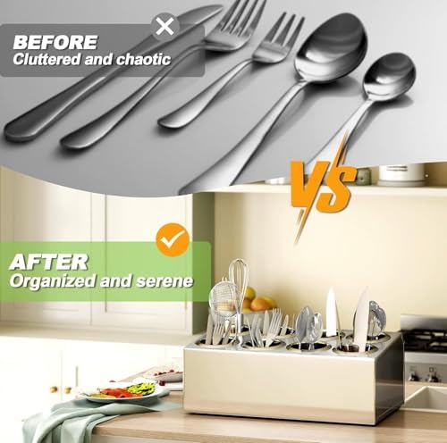 tonchean 8-Hole Compartment Large Capacity Countertop Cutlery Rack, Commercial Stainless Steel Utensil Organizer with Drainage Function, Metal Cutlery Storage Box for Kitchens, Silver - Image 5