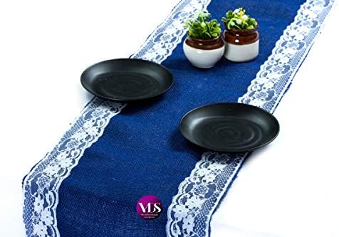 VDS Pack of 5, Burlap Table Runner with White Lace Edge, 100% Natural Jute Rustic Hessian Table Cloth Centerpiece for Wedding Birthday Party Banquet Table Decoration (Size 12X108 Inch)(Royal Blue) by VDS