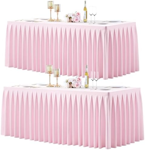 2 Pack Pink Rectangle Tablecloth 8 FT Stretch Spandex Fitted Table Cloth for 8 Foot Rectangle Tables Banquet Tablecloths Wrinkle Free Table Cover Skirt Ruffle Tablecloth for Party Wedding Birthday by Tao-GePartyDecorations
