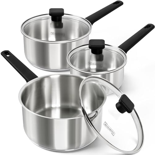 MICHELANGELO Stainless Steel Sauce Pan with Lid 1QT & 2QT & 3QT, TriPly Stainless Steel Saucepans with Straight Bakelite Handle & Square Lid Knob, Nonstick Sauce Pans Set, Induction Compatible by Michelangelo