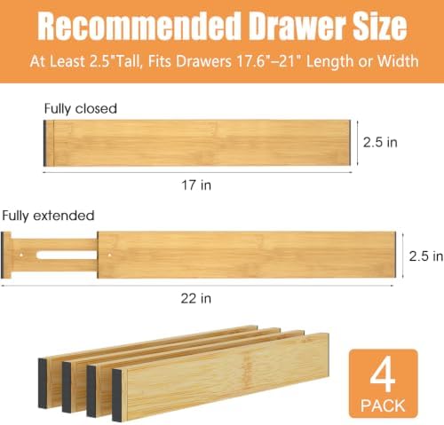 Bamboo Drawer Dividers, Adjustable Drawer Organizers, Fits 17.6–21" Drawers | 2.5" High, 4 Pack Expandable Drawer Separators for Kitchen, Nursery, Dressers & Office Storage, Natural - Image 3