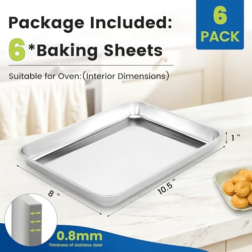 BIEAMA 6 Pack Stainless Steel Toaster Oven Baking Sheets, 10.5 x 8 in | Stainless steel pans with no chemical coating, mirror-polished finish and rolled edges; dishwasher safe, oven safe to 500°F. - Image 2