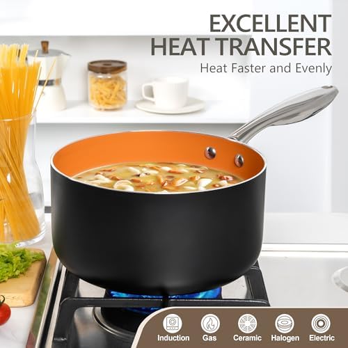 MICHELANGELO 4 Quart Saucepan with Lid - Ultra Nonstick Sauce Pan with Ceramic Coating, 4 Qt Non Stick Pot Induction Compatible, Copper - Image 3