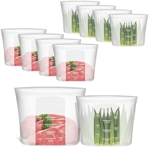 Reusable Storage Bags, Set of 2 Large Sizes, 8 Pack 100% Silicone Food Storage Bags Stand Up Zip Lock Bag for Food, Freezer Microwave Oven Dishwasher Safe, 4 XL-4/5 Gallon, 4 L-1/2 Gallon, Translucent by Annaklin
