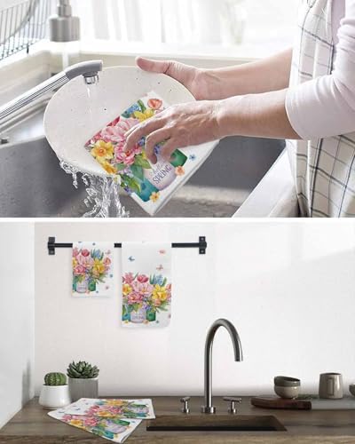 Spring Flowers Waffle Kitchen Hand Towels Set of 3, Watercolor Floral Leaves Butterflies Plant Absorbent Hair Dish Bath Tea Golf Microfiber Towel, Yoga Gym Workout Towel Dish Washcloth 15.7"x23.6" - Image 6