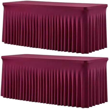 Besutolife 2 Pack Burgundy Table Cloths for 8 Foot Rectangle Tables, Wrinkle Free Fitted Spandex Table Covers 8ft, Stretch Tablecloth with Skirt for Wedding Birthday Banquet Parties by Besutolife