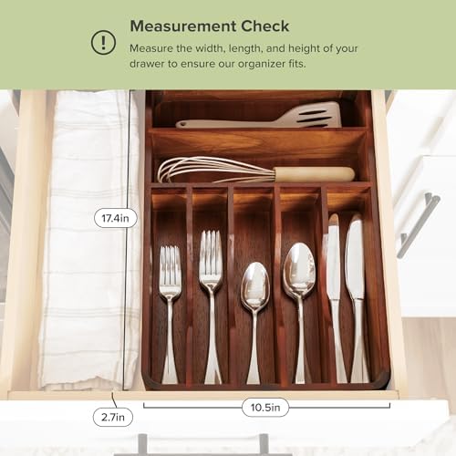KitchenEdge Silverware & Utensil Organizer, Fixed 10.5 in, Acacia | Cutlery, flatware holder, rounded corners, 7 compartments, non-slip feet, kitchen drawers - Image 3