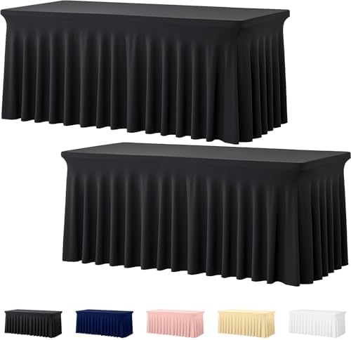 Deep Dream 2 Pack Black Spandex Table Covers 6 Foot, Fitted Stretch Tableclothes 30x72 Inch, Wrinkle Free 6FT Fitted Table Clothes with Skirt for Party, Banquet, Wedding and Events by DeepDream