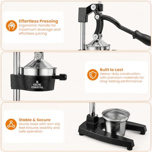 Cast Iron Juicer – Heavy Duty Manual Citrus Press | Hand Juicer Squeezer for Orange, Lemon, Lime, Grapefruit & Pomegranate | Countertop Juice Press with Stainless Steel Cup & Removable Strainer, Black - Image 5