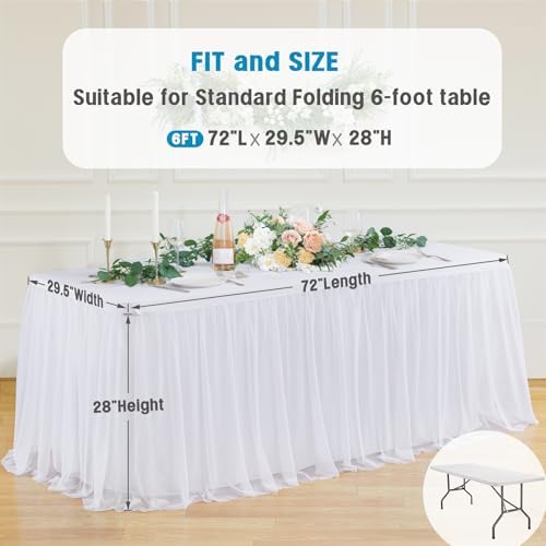 White Tulle Tablecloth for 6 Foot Rectangular Tables 72 x 30 Inch White Table Cloth Rectangle 6ft Wrinkle Free Table Cover with Tutu Skirt for Wedding Birthday Party Buffet Banquet Tablecloths - Image 5