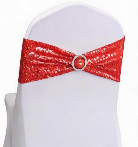 Full Sparkly Sequins Red Chair Sashes for Wedding Decor, Glitter Chair Bands with Buckles, Sequin Chair Bows for Party Ceremony Event Decorations - 100 Pack by ZSJFMF