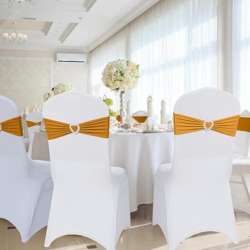 Pack of 30 Spandex Chair Sashes Bows Stretch Chair Cover Band with Buckle Slider Universal Elastic Chair Ties for Wedding Banquet Party Event Decoration (Gold) - Image 6