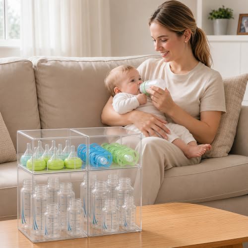 Baby Bottle Organizer 4 Pack Baby Bottle Storage Organizer Clear Bottles Station Acrylic Stackable Container Drawers Bins for Pacifiers,Nipples,Pump Parts for Countertop,Cabinet,Bathroom,Vanity - Image 7