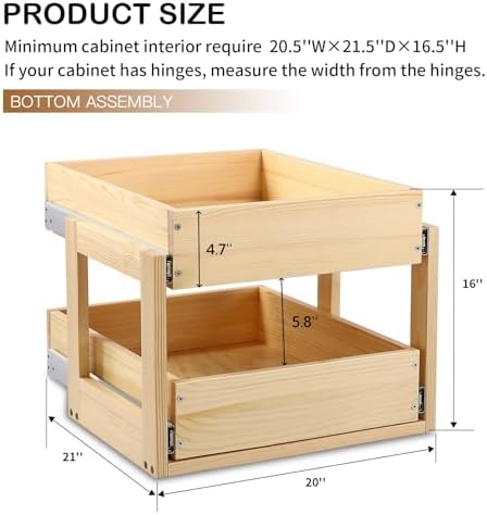 Mulush Pull Out Cabinet Organizer 20''W×21''D×16''H Soft Close Slide Out Wood Drawer Shelves for Kitchen, Finished, Bottom Assembly(Cabniet Require Opening >20.5'', Depth>21.5'', Height>16.5'') - Image 3