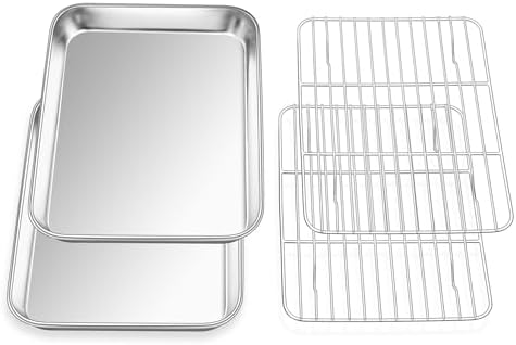 E-far Small Baking Sheet with Wire Rack (2 Pans + 2 Racks), Stainless Steel Cookie Sheets Trays & Cooling Rack for Toaster Oven, Non Toxic & Warp Resistant, Oven & Dishwasher Safe, 9.4 x 7.3 x 1 Inch by E-far