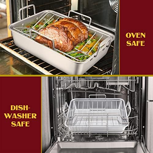 E-far 14 x 10.6 Inch Roasting Pan, Stainless Steel Turkey Roaster with V Rack & Baking Rack Set, Small Heavy Duty Deep Broiling Pan for Oven Cooking Lasagna Meat Chicken - Dishwasher Safe - Image 7