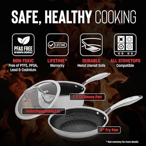 Hell’s Kitchen 3-Piece Hybrid Cookware Starter Set, Tri-Clad Stainless Steel & PFAS-Free Ceramic Nonstick, no PFOA, no PTFE, no Teflon, Non Toxic Cookware, Metal Utensil Safe, All cooktops & Oven Safe - Image 2
