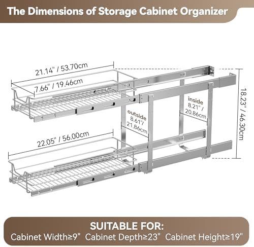 2 Tier Pull Out Cabinet Organizer 9" W X 22" D, Chromed, Full Slide Out - Image 2