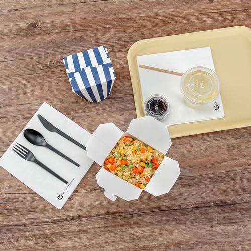 Bio Tek 4 x 3.5 x 4.5 Inch Food Containers, 50 Noodle Takeaway Boxes - Disposable, Striped, Blue And White Paper 32 Ounce Take Out Boxes, Round, For Hot Or Cold Foods - Restaurantware - Image 6