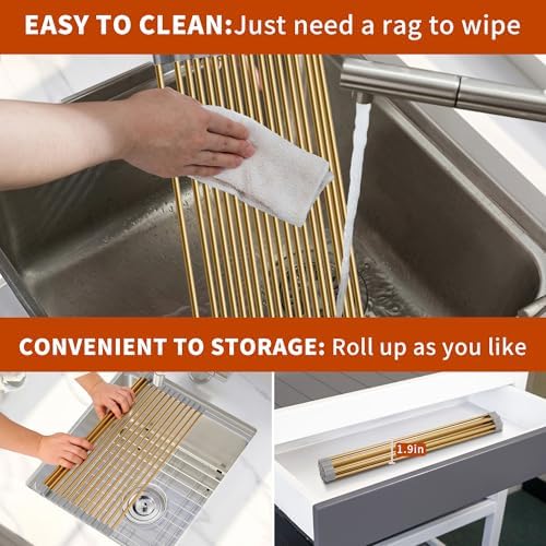 Extra Large Golden Roll-UP Dish Drying Rack-Stainless Steel Dish Drainer Over The Sink for Kitchen Countertop,Applicable for Sink Width Less Than 19in (Gold,20.5'x 13.2') - Image 5