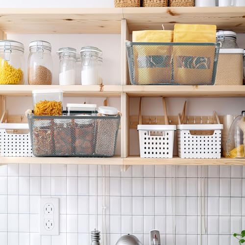 Ziliny 4 Pcs Mesh Wire Baskets for Organizing, Medium, Dark Gray | Metal Pantry Organizers with Wooden Handles, Storage Steel Bin, Kitchen Baskets for Fruit Potato Onion Snacks Bath Cabinet - Image 6