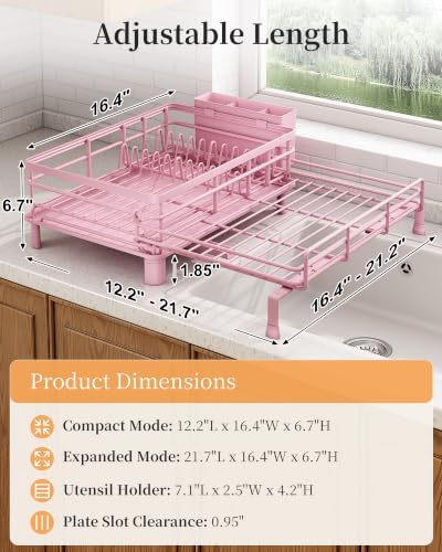 SAYZH Expandable Dish Drying Rack for Kitchen Counter, Metal, Pink - Image 2