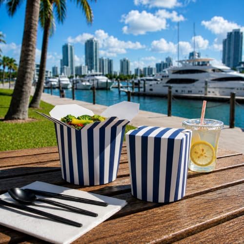Bio Tek 4 x 3.5 x 4.5 Inch Food Containers, 50 Noodle Takeaway Boxes - Disposable, Striped, Blue And White Paper 32 Ounce Take Out Boxes, Round, For Hot Or Cold Foods - Restaurantware - Image 4