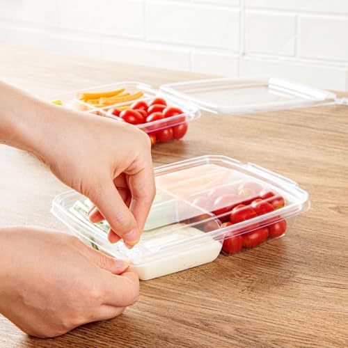 Tamper Tek 13 Ounce Rectangle Take Out Containers, 100 Durable Carryout Containers - Tamper-Evident, Freezable, Clear Plastic To-Go Containers, 4 Compartments, With Hinged Lids - Restaurantware - Image 5