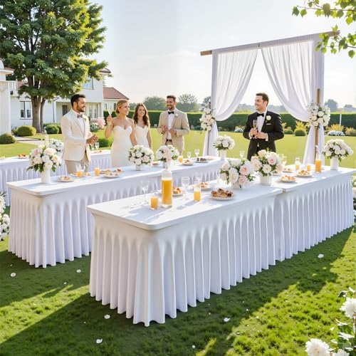 4 Pack 8ft White Spandex Tablecloths for Rectangle Tables Wrinkle Free White Rectangle Table Cloth, Stretch Fitted Table Cover with Skirt for Wedding Birthday Party Banquet Baby Shower Buffet Event - Image 2