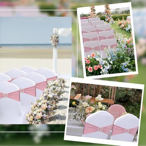 Pink Chair Sashes 100 Pack Spandex Dusty Pink Chair Sashes Bows with Heart Buckle Slider for Wedding Banquet Party Decorations - Image 6