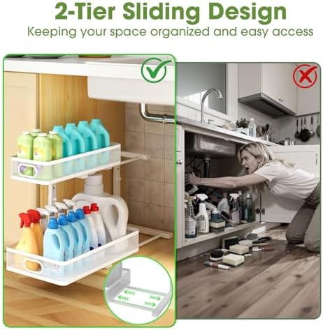 Under Sink Organizer 2-Pack, Metal 2-Tier Pull-Out Cabinet Shelf with Slide-Out Mesh Drawers, Height Adjustable, Space-Saving Under Sink Storage Racks for Kitchen, Bathroom, Laundry Room, White - Image 2