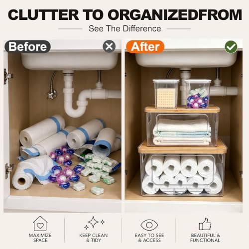 Trash Bag Organizer Under Sink Storage, 4 Piece Stackable Clear Storage Bins with Bamboo Lids, Fits 13/30/33 Gallon Bags, Organizer for Laundry Pods, Dishwasher Pods, Kitchen Pantry - Image 3