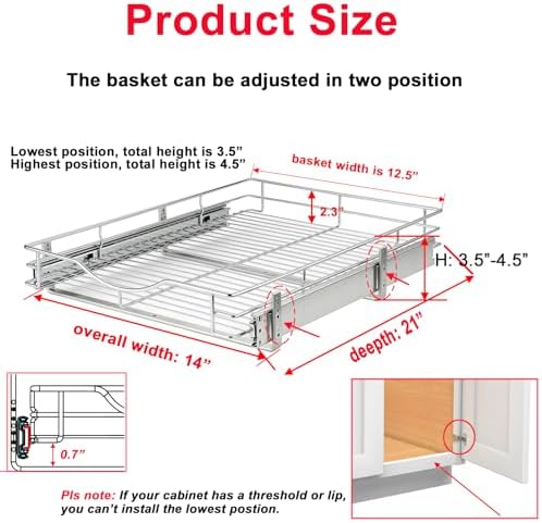 DINDON Pull Out Cabinet Organizer (14" W x 21" D), Pull Out Drawers for Kitchen Cabinets, Cabinet Pull Out Organizer 1 Tier Heavy-Duty Slide Out Shelf Wire Basket for Base Cabinet, Chrome - Image 3