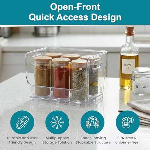 Basicwise 9-Inch Open-Front Clear Storage Bin with Easy-Grip Handle Stackable Transparent Plastic Organizer Container for Pantry Cabinet Refrigerator Drawers Closets and Shelf Organization, Medium - Image 4