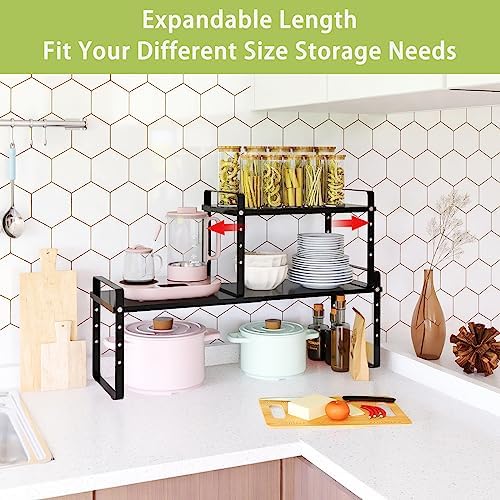 Across-Star Expandable Cabinet Shelf Organizer Rack, Stackable Kitchen Countertop Organizer Storage Shelves, Adjustable Height Pantry Counter Shelf Riser Spice Rack (Black, 2 Pack) - Image 3