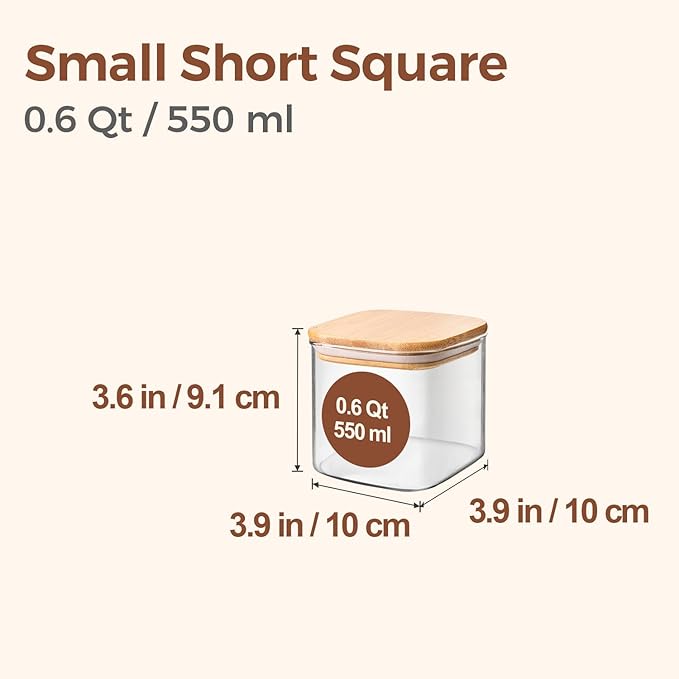 ComSaf Square Glass Containers with Lids 0.6 Qt, Set of 6 Small Glass Jars | Small Glass Canisters, Spice Jar, Pantry Organization, Snack, Cookie, Coffee Bar Organization, Size For Subpackage, BPA Free - Image 2