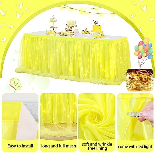 PARTISKY Yellow Tulle Tutu Table Skirt for Rectangle Tables or Round Table,Led Light String Table Cloth for Wedding Baby Shower Birthday Party Dessert/Cake Tables - Image 5