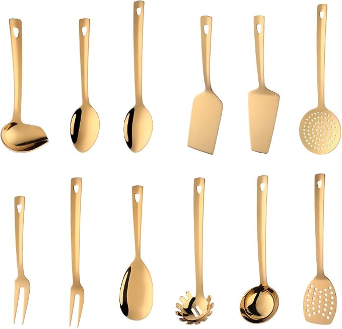 Stainless Steel Kitchen Utensil Set, BuyGo 12-Piece Gold Cooking Utensils with Integrated Hanging Loop, Mirror Polish and Dishwasher Safe by Unknown