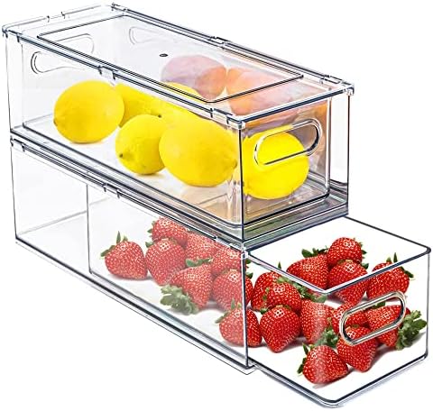 Refrigerator Organizers and Storage, 2 Pack BPA-Free Sturdy Stackable Clear Pull out Drawer Organizer Bins, Fridge Organizers and Storage for Fruit, Produce, Drink, Snack and Food Storage Containers by bealy