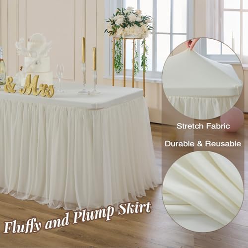 CO-AVE 6pack Ivory Tulle Tablecloth for 8ft Rectangular Tables, 2-in-1 Elastic Stretch Spandex Cover with Tutu Ruffle Skirt, Wrinkle Free for Wedding, Birthday, Banquet, Buffet, Bridal Shower - Image 4