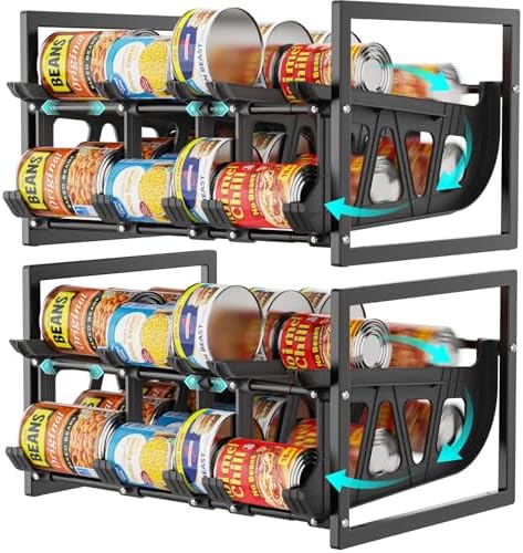 iSPECLE Can Storage Organizer Pantry - Auto-Rolling Expandable Hold 80 Cans | Stackable For Walk-in Deep Pantry Shelf, Adjustable Width for Food Cans, Sturdy Metal Frame, Easy Access & Restocking, Black by iSPECLE