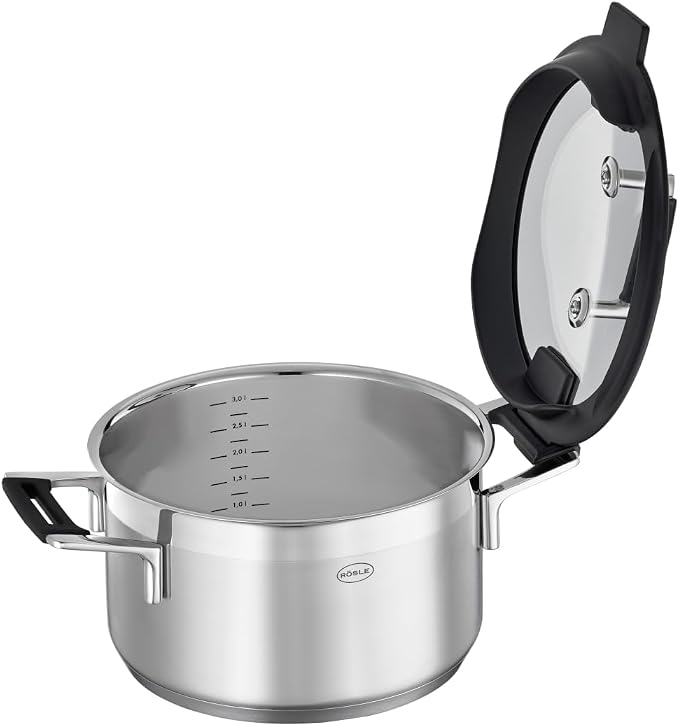 RÖSLE Silence Pro Cooking Pot, High-Quality Universal Pot Made of 18/10 Stainless Steel, 24 cm, Glass Lid, Inner Scale, Induction Safe, Dishwasher Safe, Silver/Black - Image 2