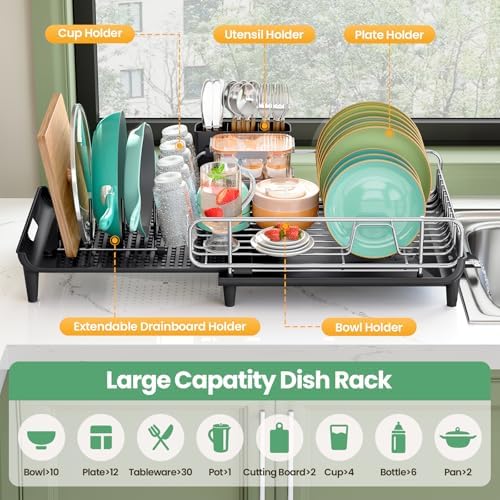 TOOLF Large Expandable Dish Rack for Kitchen Counter, Black - Image 5