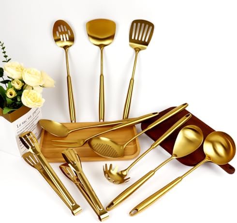 304 Gold Cooking Utensils Set, 11PCS Stainless Steel Kitchen Utensils Set, Metal Kitchen Utensils Set Include Meat Fork, Tongs, Turner, Soup Ladle, Dishwasher Safe - Image 3